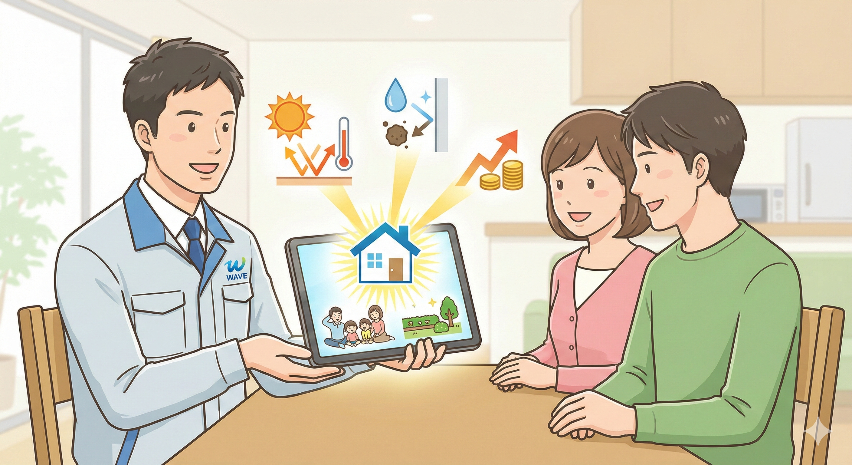 お客様と笑顔で打ち合わせをする代表